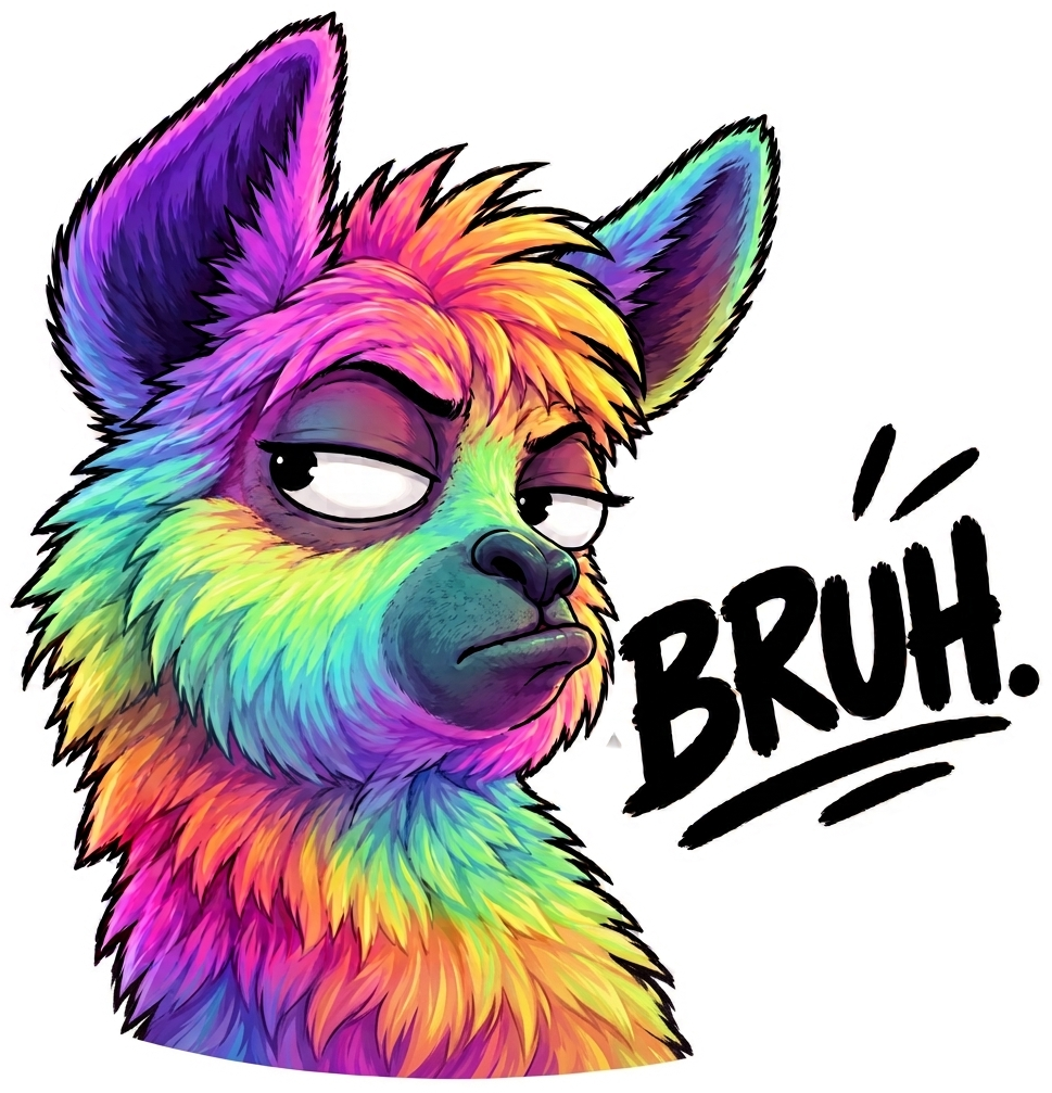 Rainbow llama sticker saying BRUH.